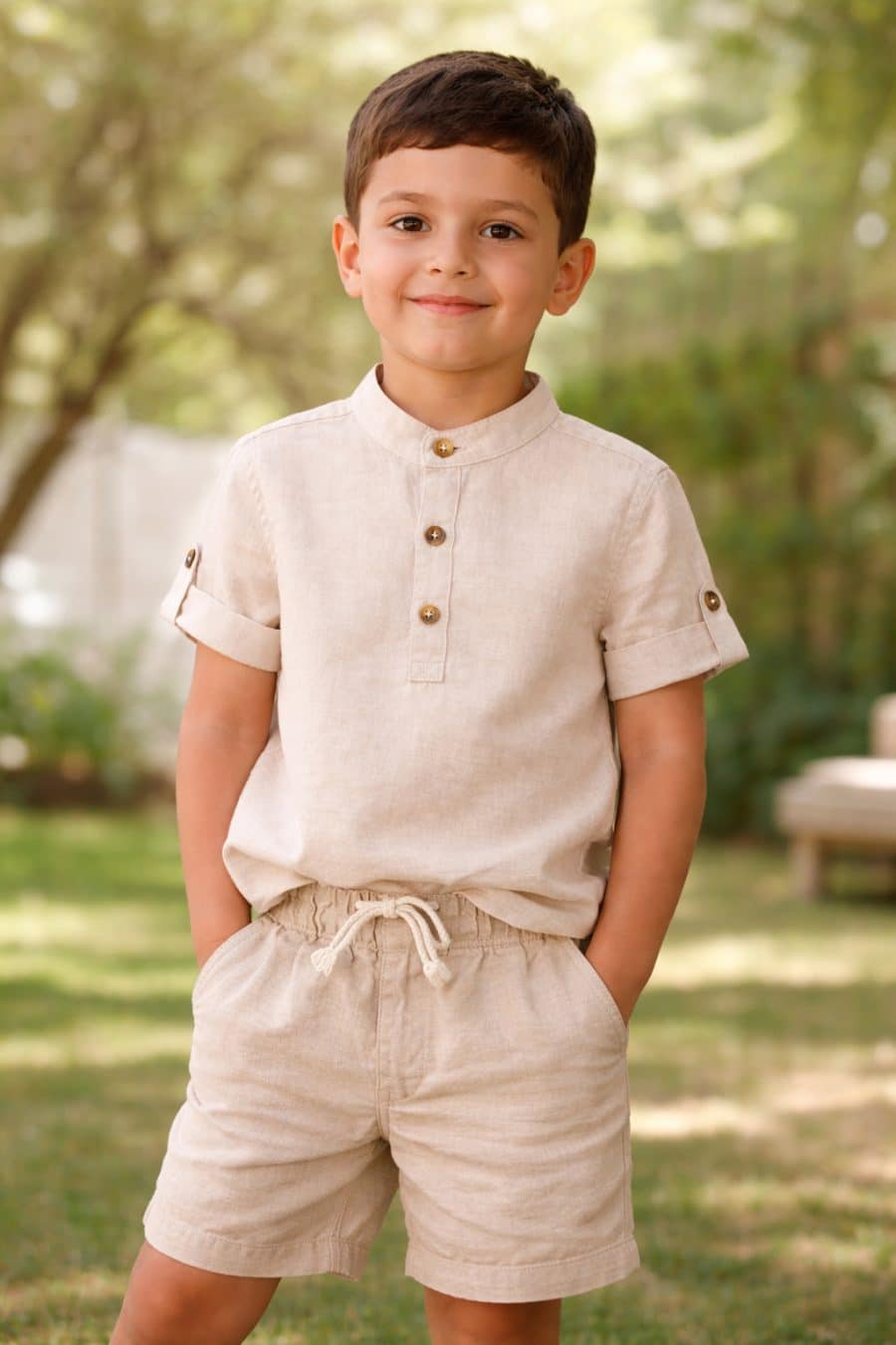 Chemise enfant Bastien beige Sahoma, manches courtes et col mao