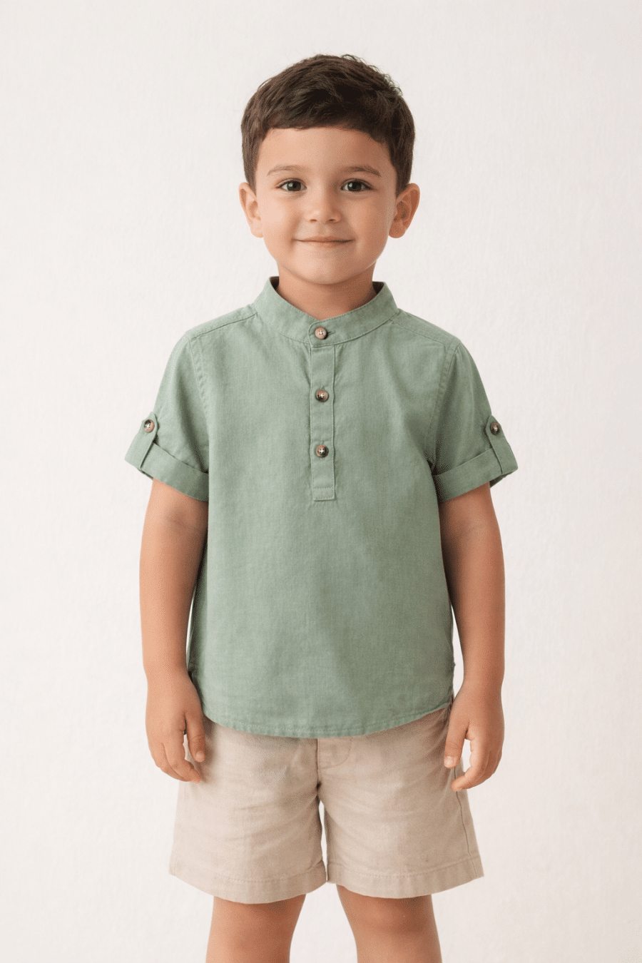 Chemise enfant Bastien verte Sahoma, manches courtes et col mao