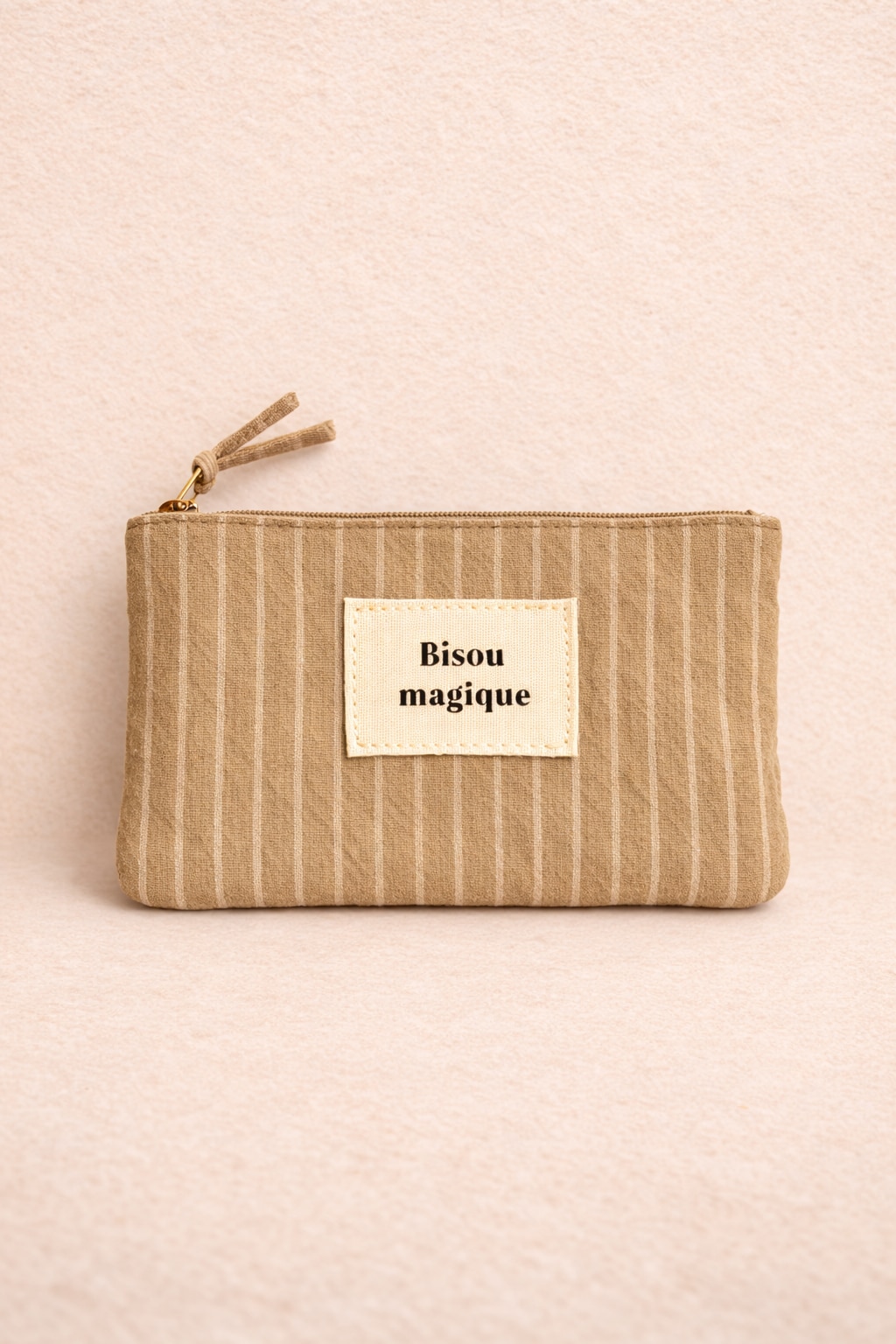 Pochette à message Bisou Magique rectangulaire Sahoma en tissu beige à rayures