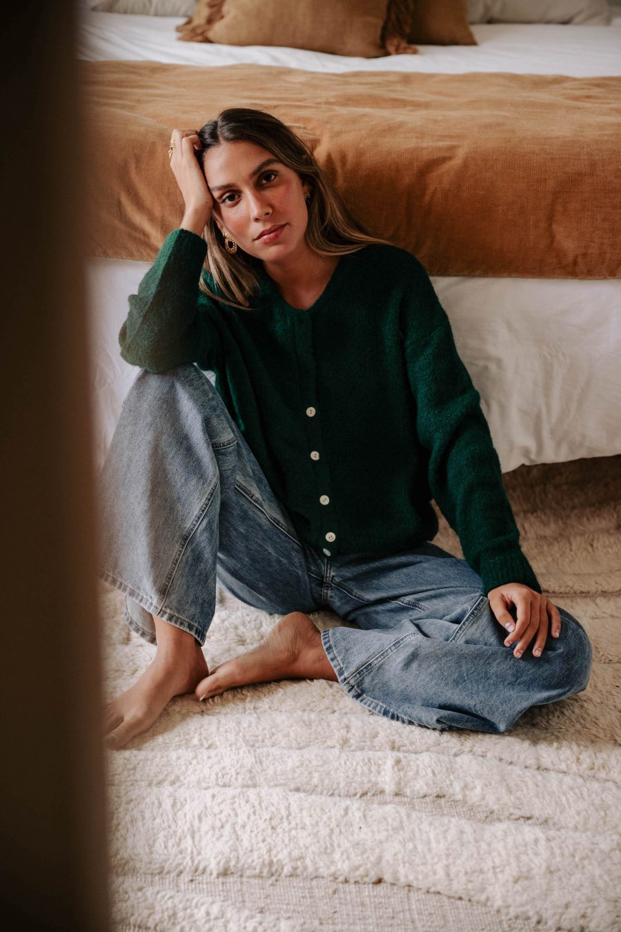 Gilet Lova vert foncé Sahoma en maille douce, coupe loose