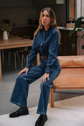 Chemise en jean Henriette bleue Sahoma fluide à col en volants