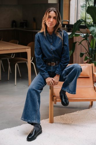 Chemise en jean Henriette bleue Sahoma fluide à col en volants