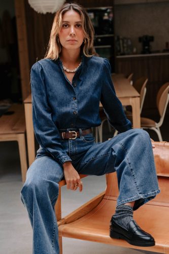 Chemise en jean Henriette bleue Sahoma fluide à col en volants