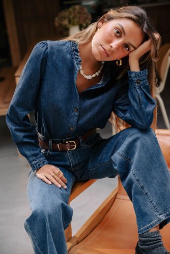 Chemise en jean Henriette bleue Sahoma fluide à col en volants