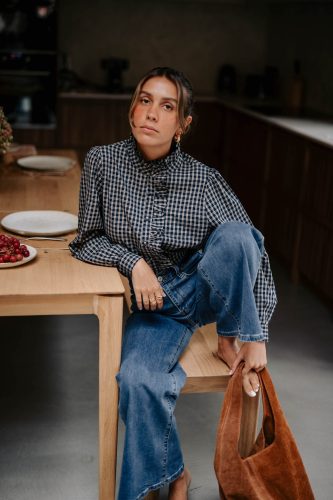Chemise Noléane bleue à carreaux Sahoma avec détail jabot