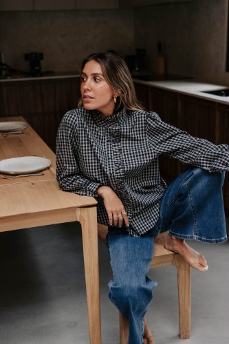 Chemise Noléane bleue à carreaux Sahoma avec détail jabot