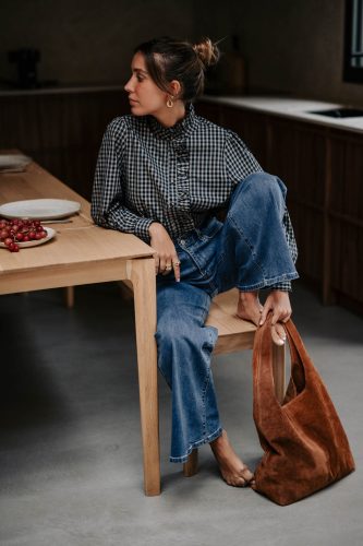 Chemise Noléane bleue à carreaux Sahoma avec détail jabot