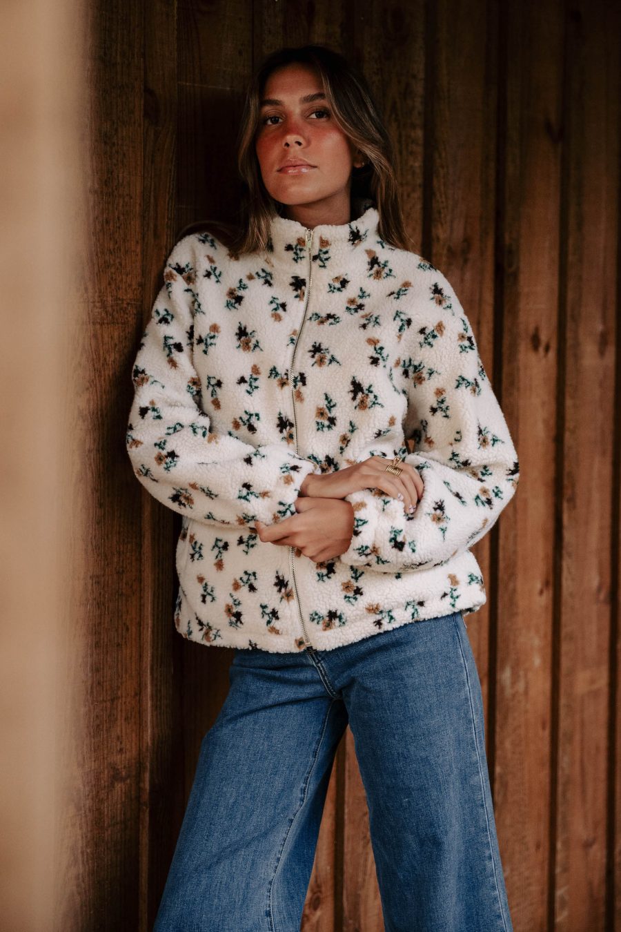 Gilet Lazlo écru imprimé fleuri Sahoma en sherpa oversize