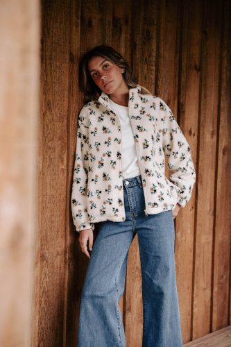 Gilet Lazlo écru imprimé fleuri Sahoma en sherpa oversize