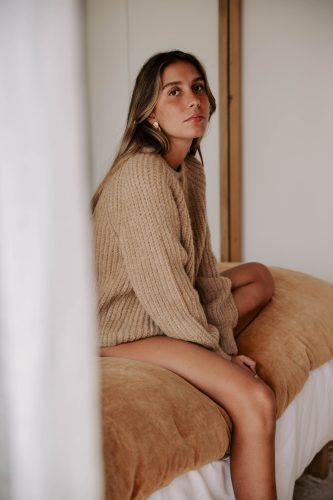 Gilet Noelis camel Sahoma en maille épaisse douce oversize 