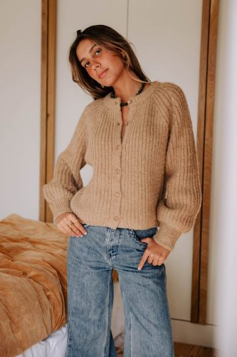 Gilet Noelis camel Sahoma en maille épaisse douce oversize 