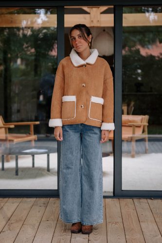 Manteau Néolia réversible camel et écru Sahoma effet peau de mouton