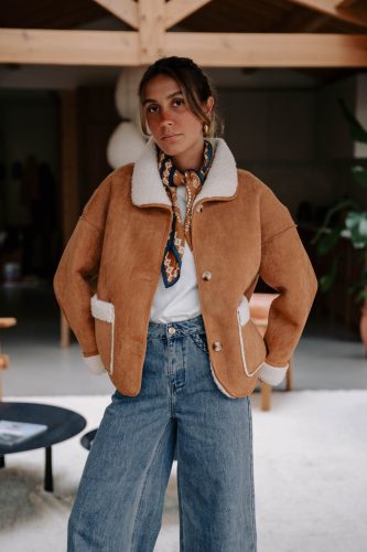 Manteau Néolia réversible camel et écru Sahoma effet peau de mouton