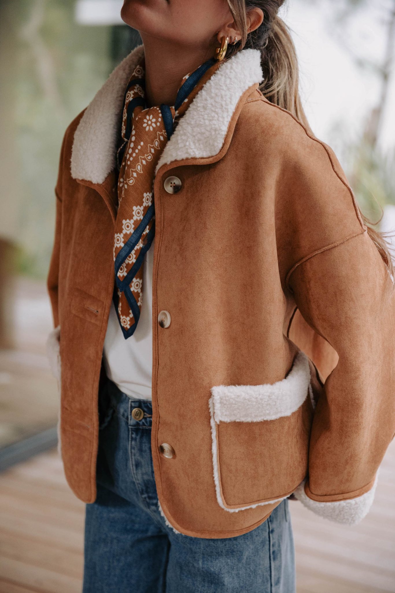 Manteau Néolia réversible camel et écru Sahoma effet peau de mouton