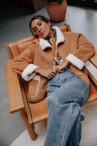 Manteau Néolia réversible camel et écru Sahoma effet peau de mouton