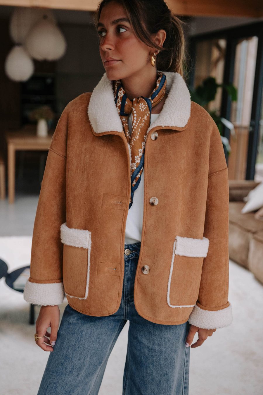Manteau Néolia réversible camel et écru Sahoma effet peau de mouton