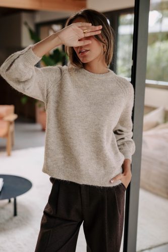 Pull Aéris beige Sahoma col rond en maille