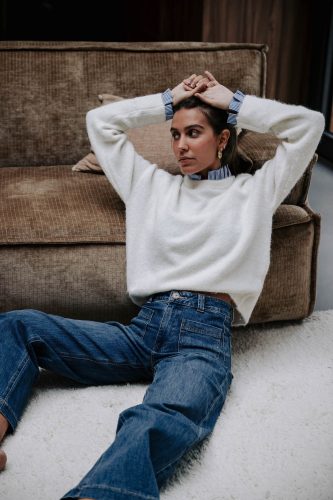 Pull Isénior blanc Sahoma col et manchettes effet chemise rayée