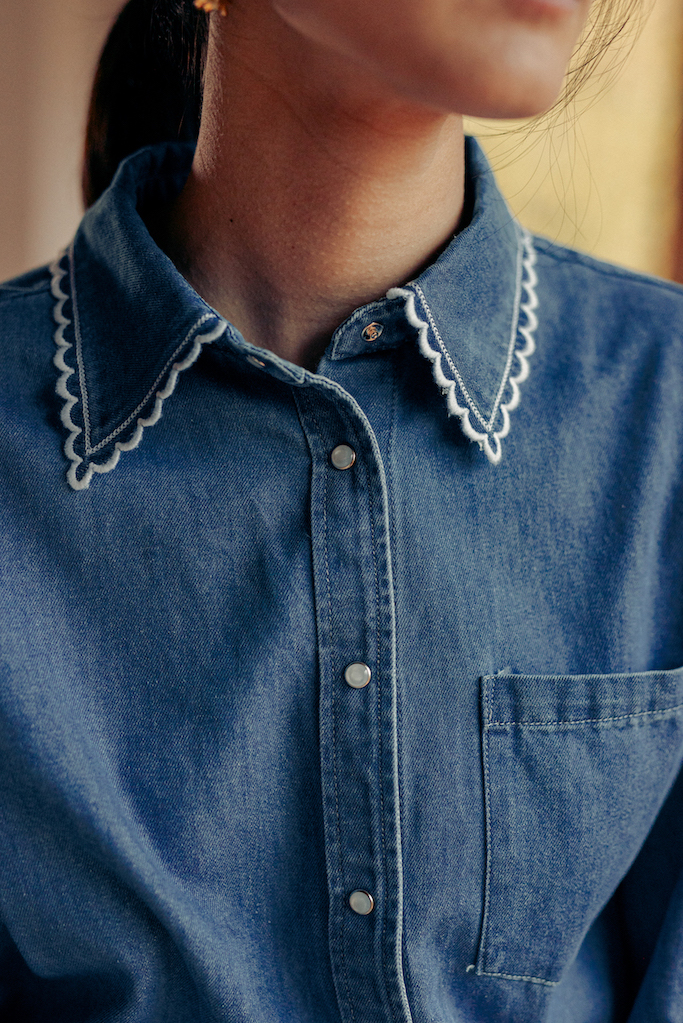 Chemise Jen en jean bleu Sahoma fluide à col classique brodé