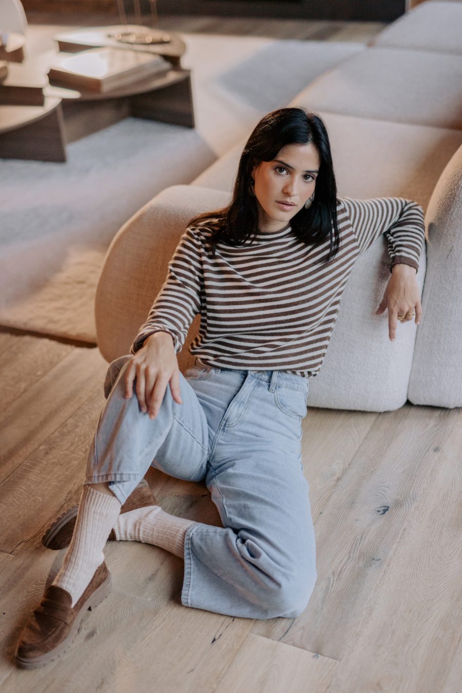 Pull Eliott rayé marron Sahoma col rond en laine douce