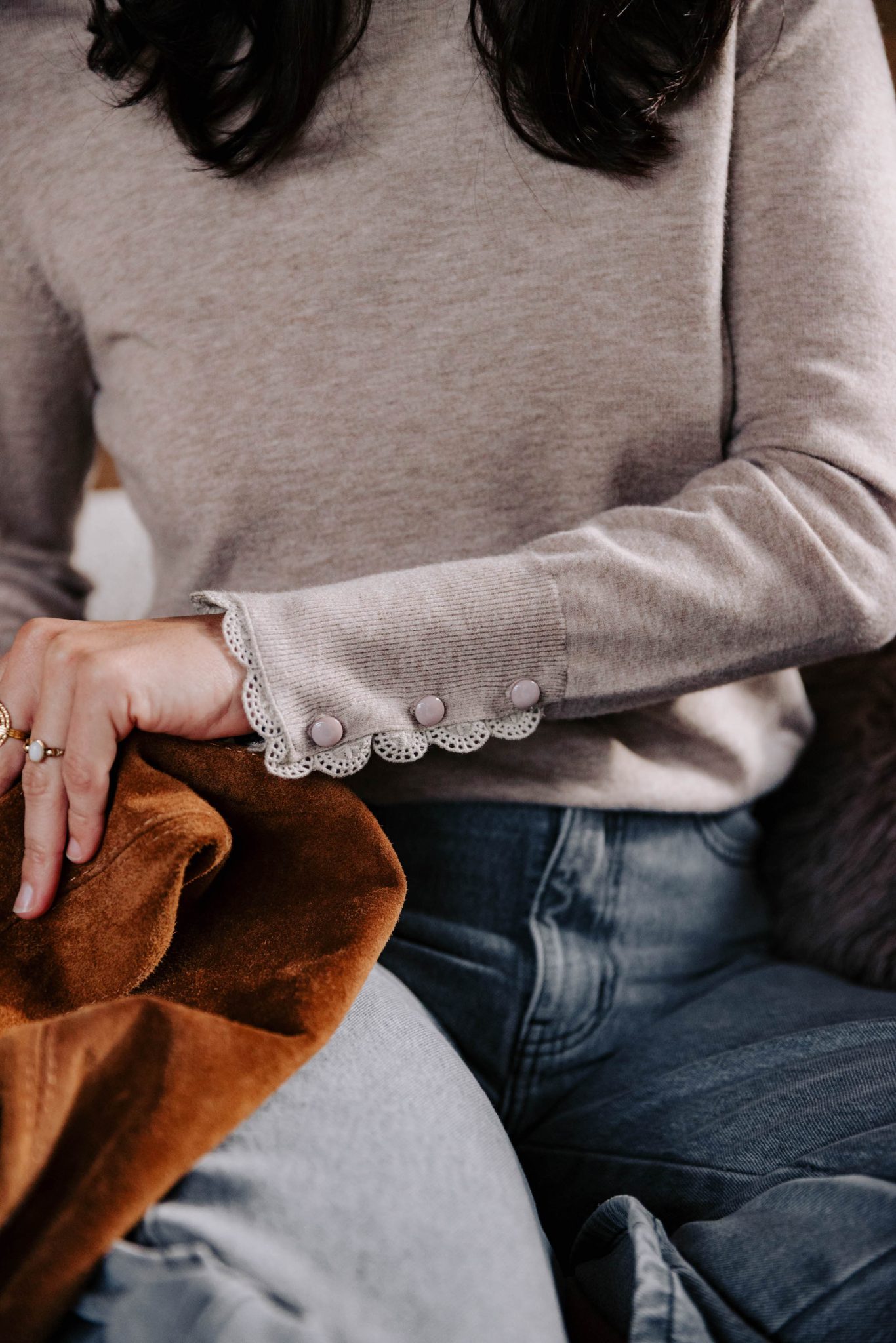 Pull Noem taupe Sahoma col rond en laine et cachemire