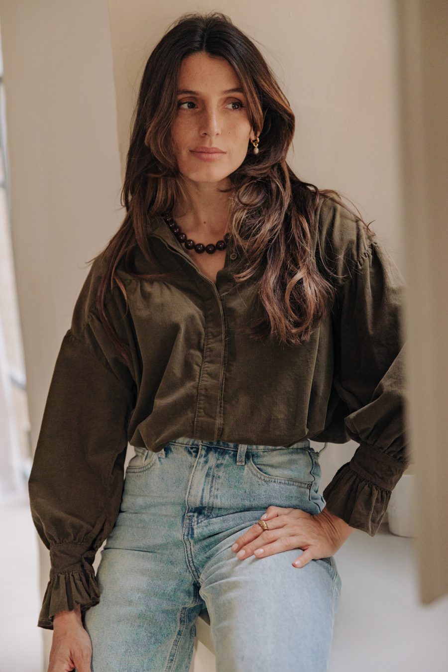 Chemise Bérenice Sahoma vert kaki en velours côtelé