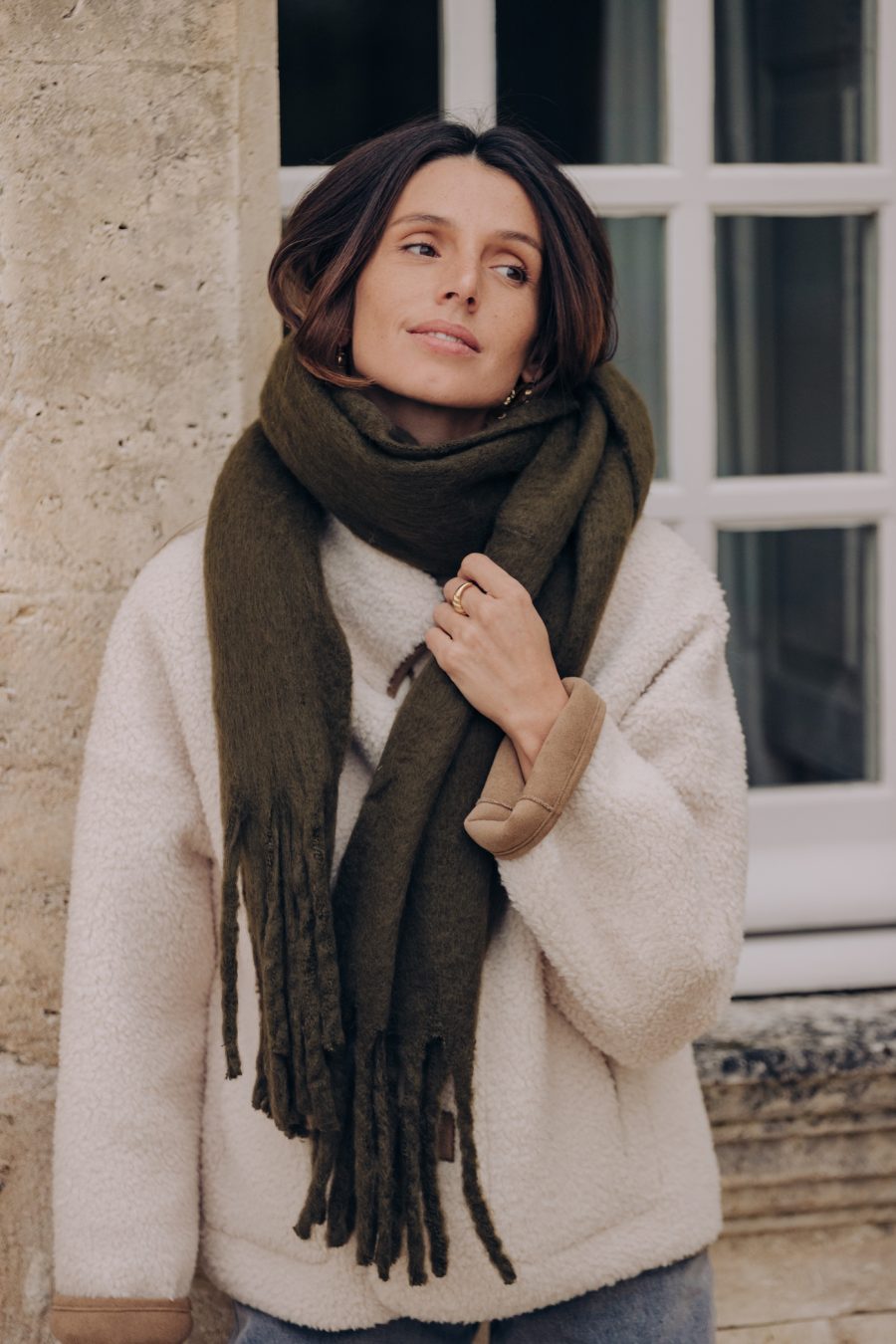 Echarpe Althéa verte kaki Sahoma à franges