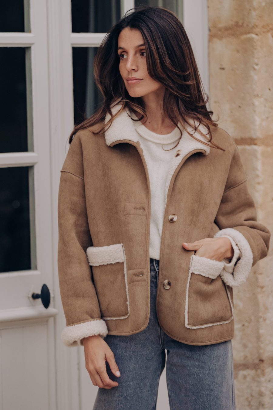 Manteau réversible Néolia taupe Sahoma coupe courte effet peau de mouton
