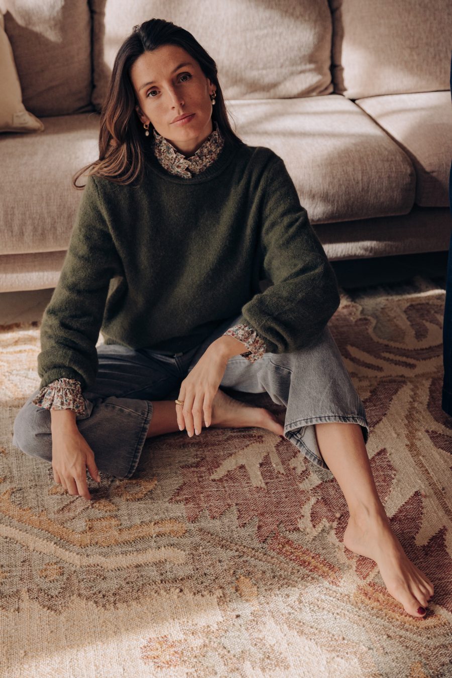 Pull Cléa vert kaki Sahoma en maille uni et col rond