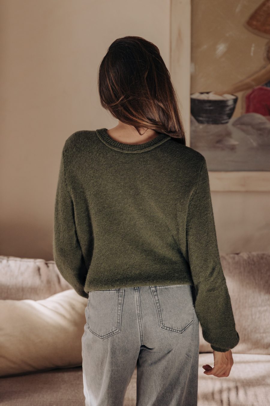 Pull Cléa vert kaki Sahoma en maille uni et col rond