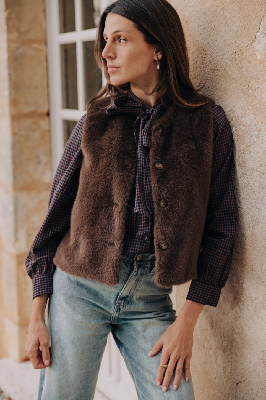 Veste sans manches Laena Sahoma effet fausse fourrure marron