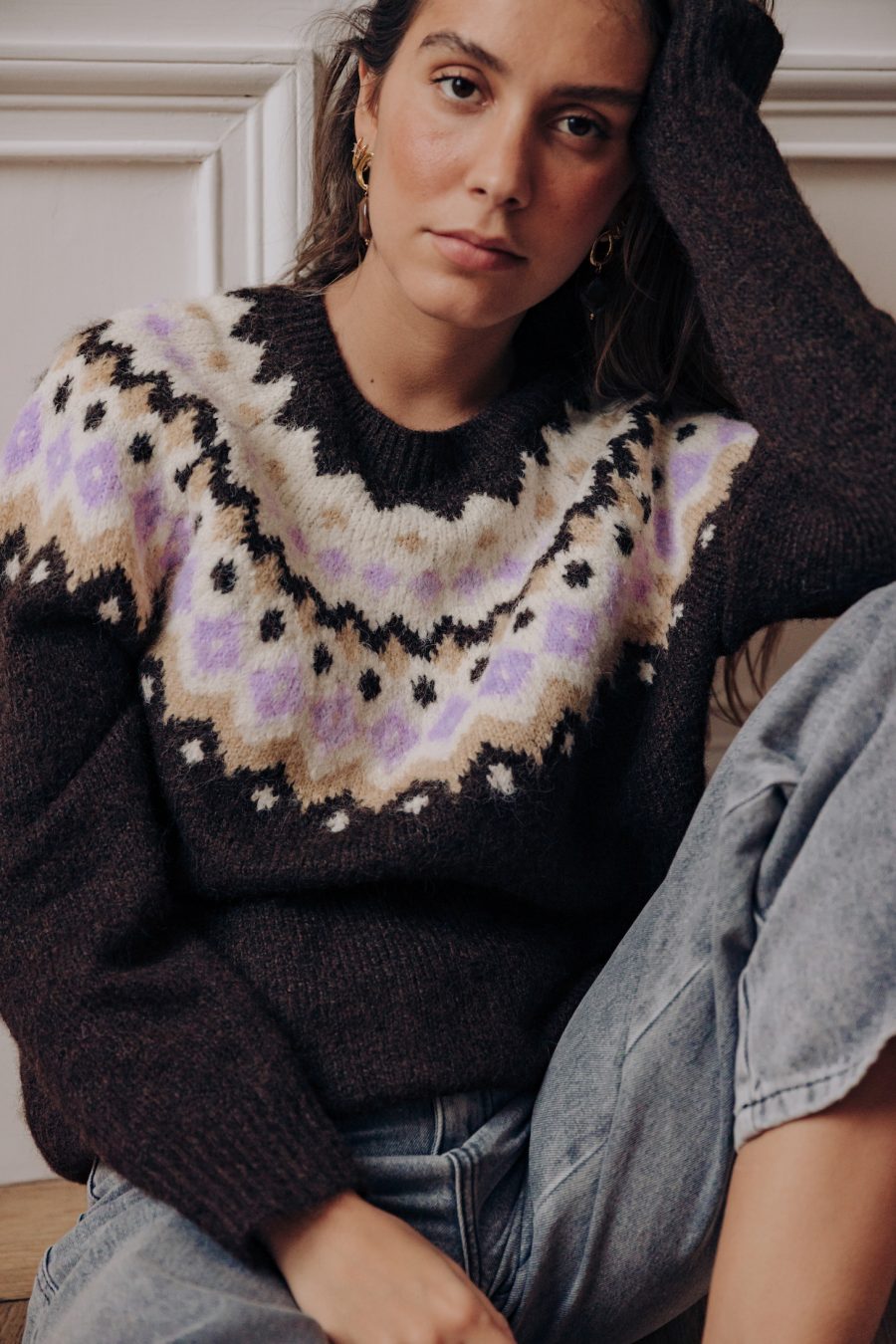 Pull femme Feliks Sahoma en maille jacquard style nordique marron