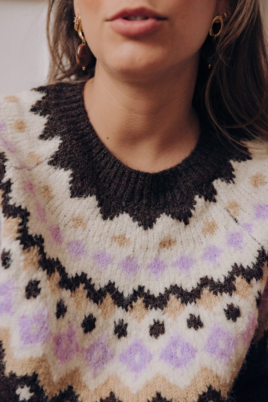 Pull femme Feliks Sahoma en maille jacquard style nordique marron