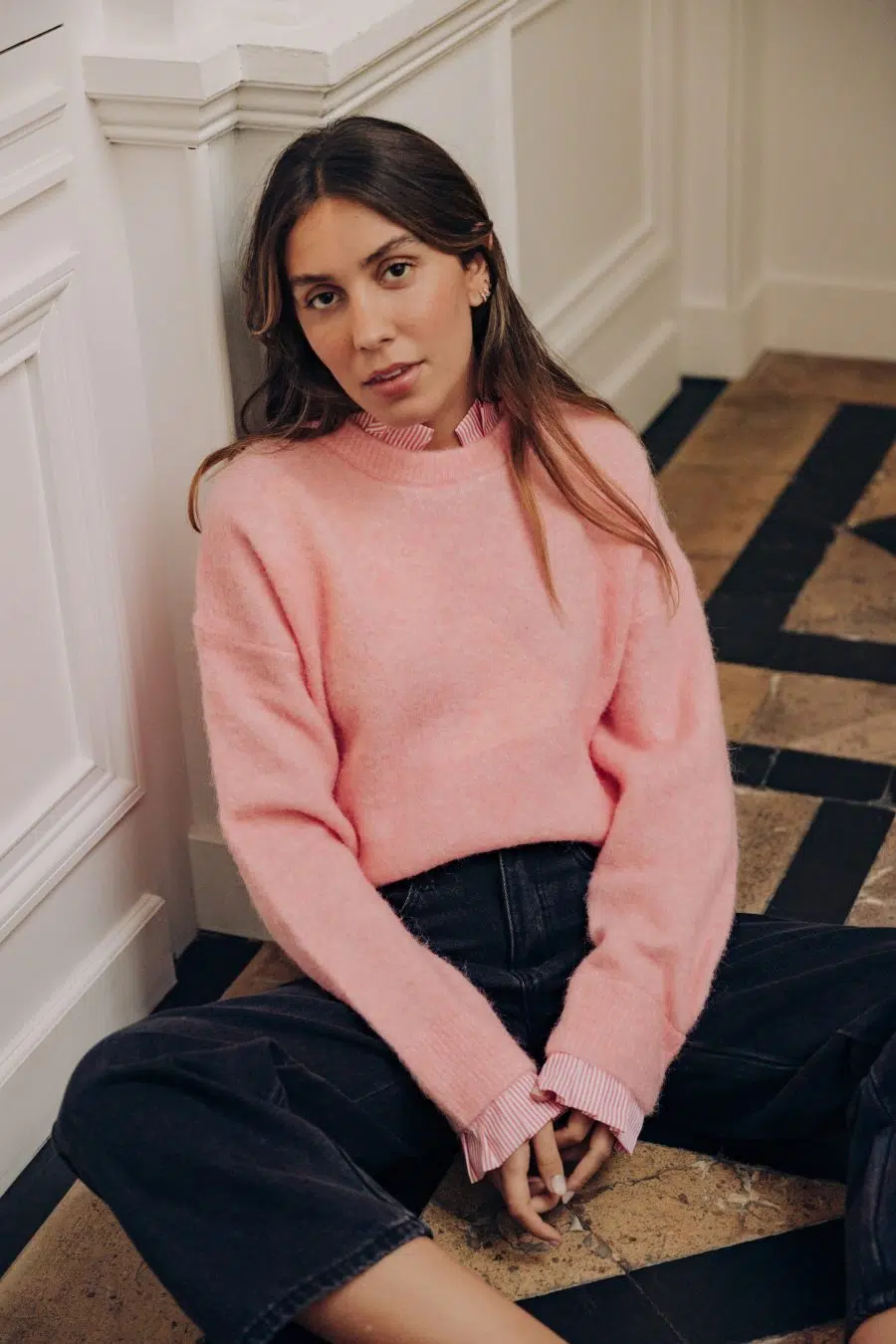 Pull femme Isenio rose doux à col chemise intégré Sahoma