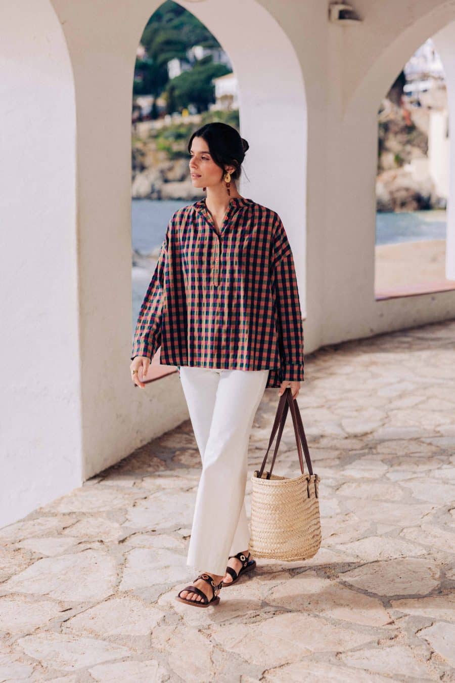 Blouse Aina vichy multicolore Sahoma en coton, manches longues et col rond