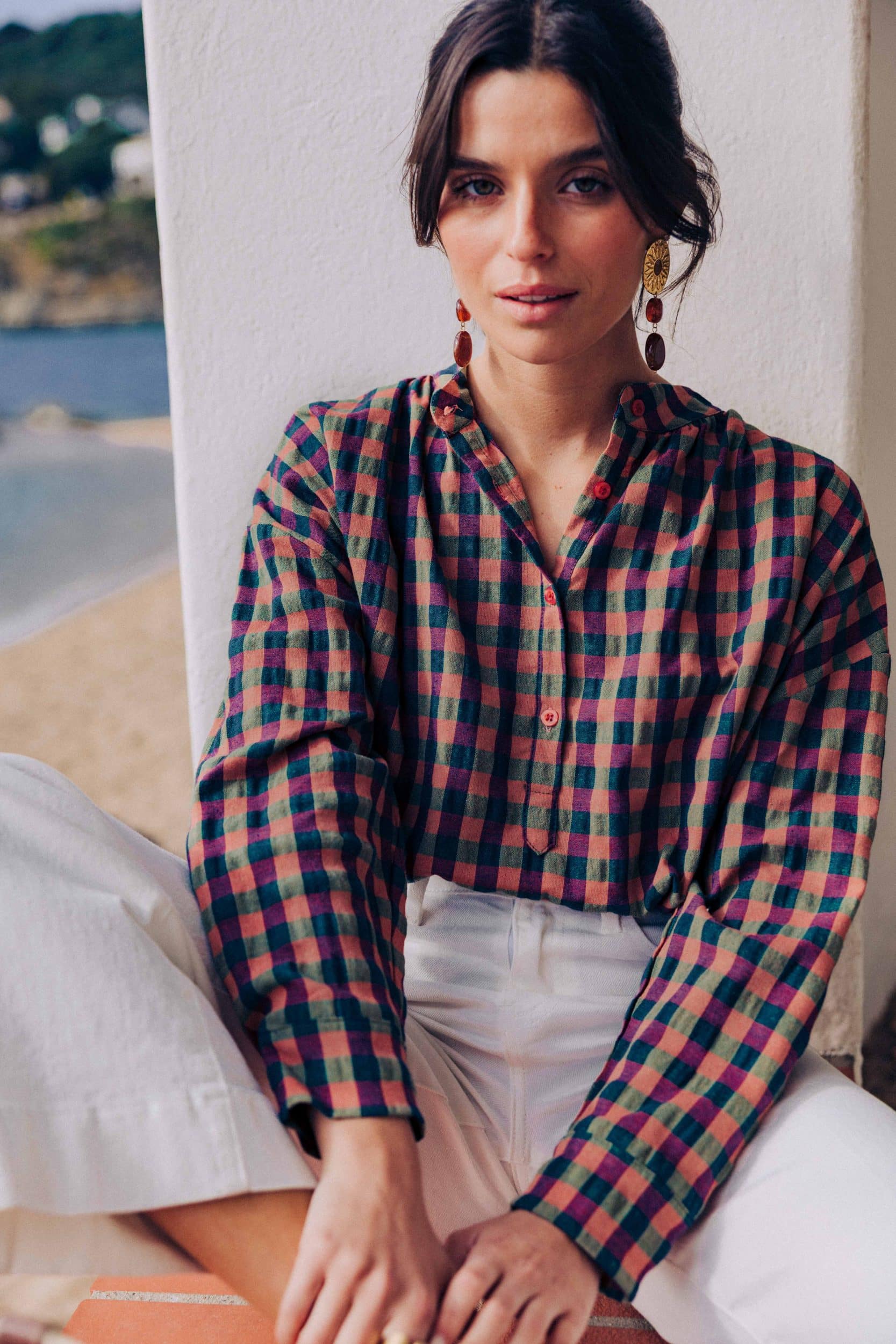 Blouse Aina vichy multicolore Sahoma en coton, manches longues et col rond