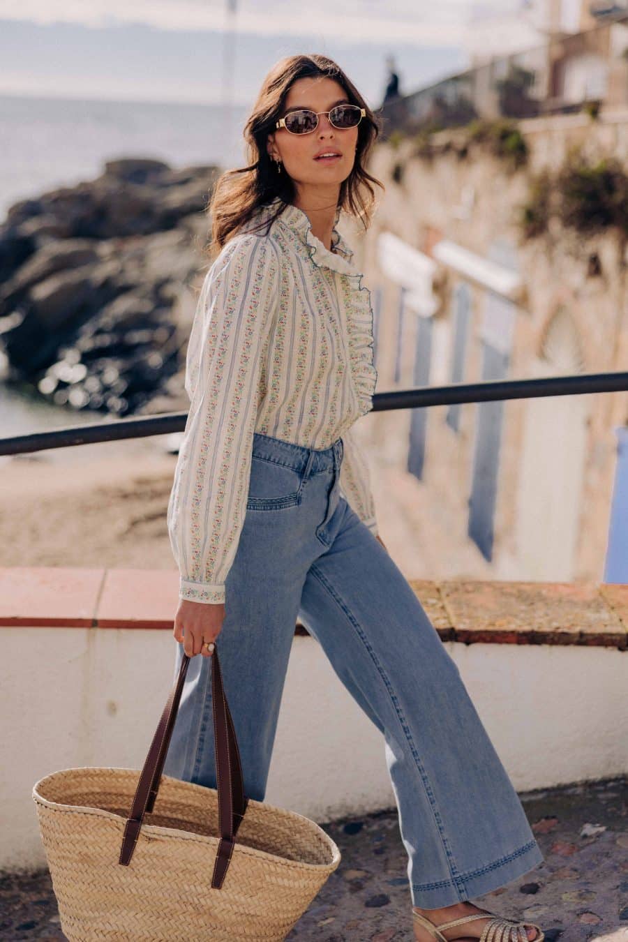 Blouse femme Echo Sahoma, coupe légère, imprimé fleuri à rayures, manches longues et col jabot