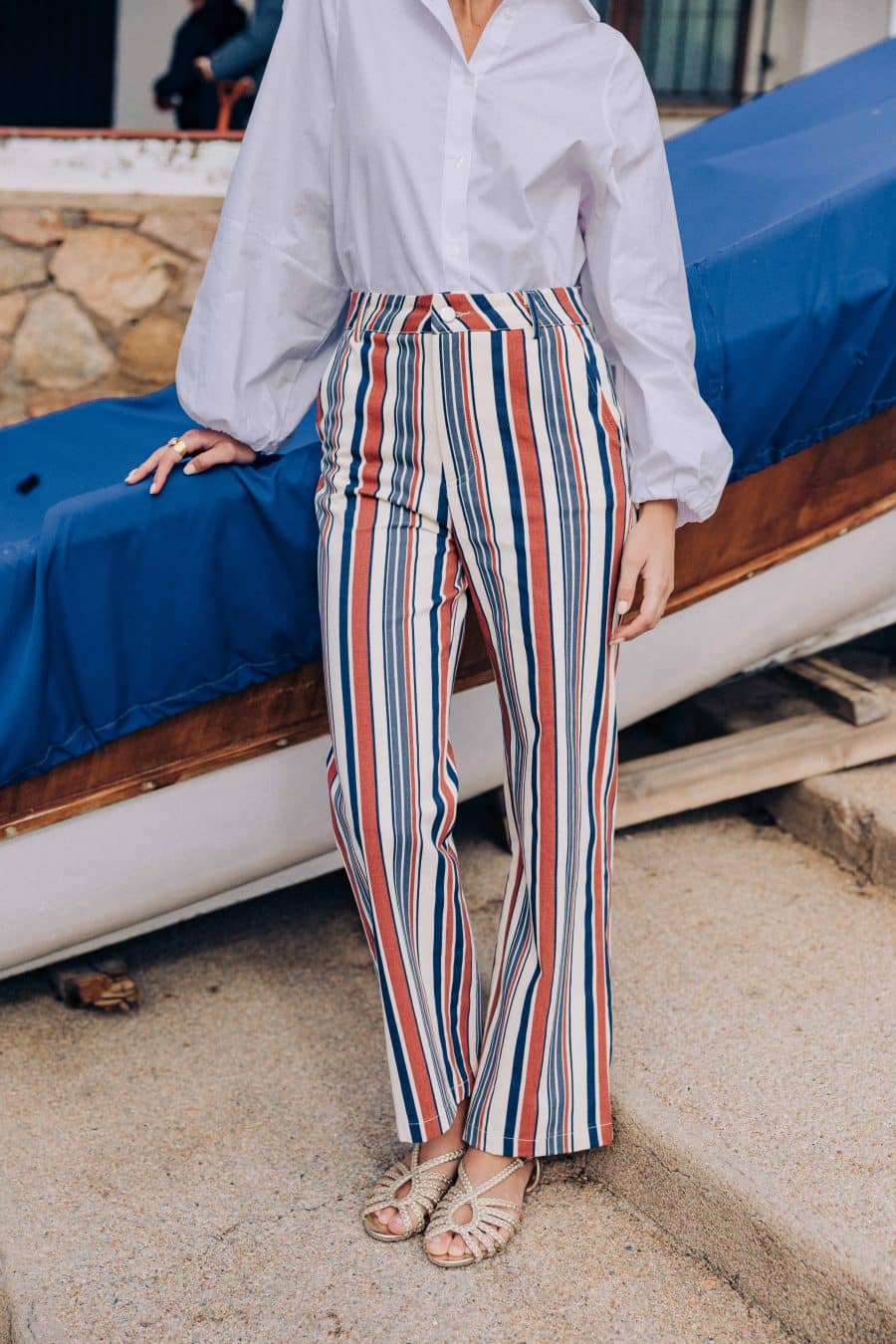 Pantalon salvador Sahoma rayé, taille haute et coupe droite