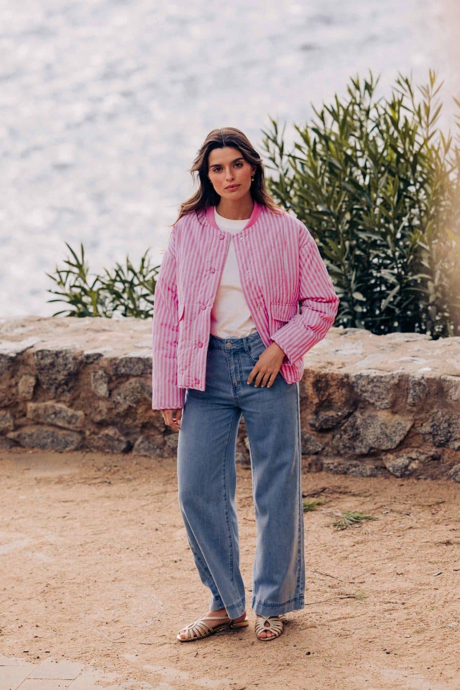 Veste matelassée Colette Sahoma rose rayée, manches longues, col rond, fermeture boutons pressions