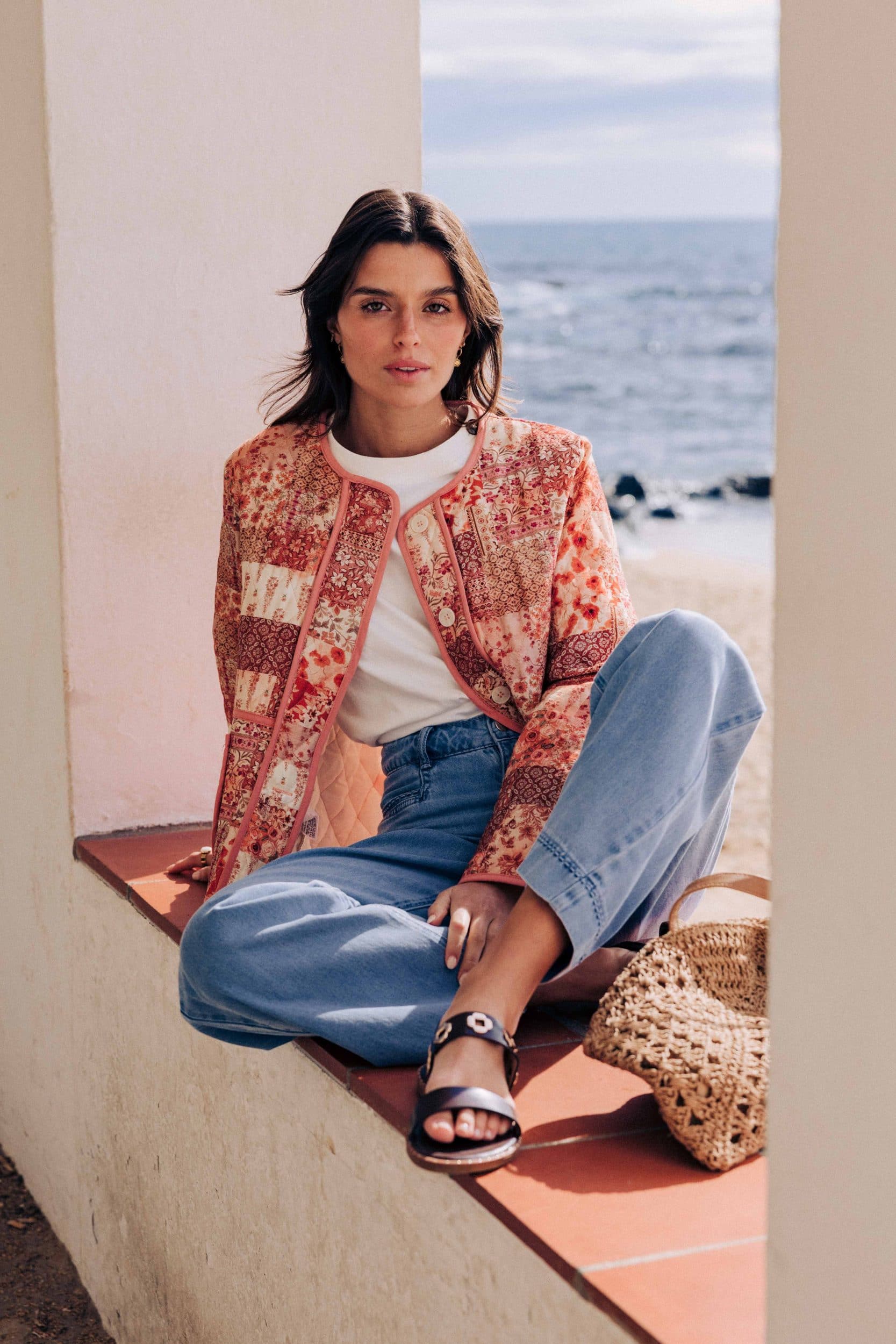 Veste matelassée Louna Sahoma imprimé patchwork rose, manches longues, col rond