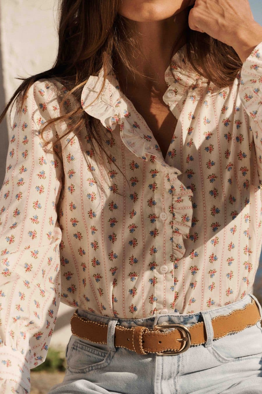 Blouse femme Emilie Sahoma, coupe légère, imprimé fleuri à rayures, manches longues et col jabot