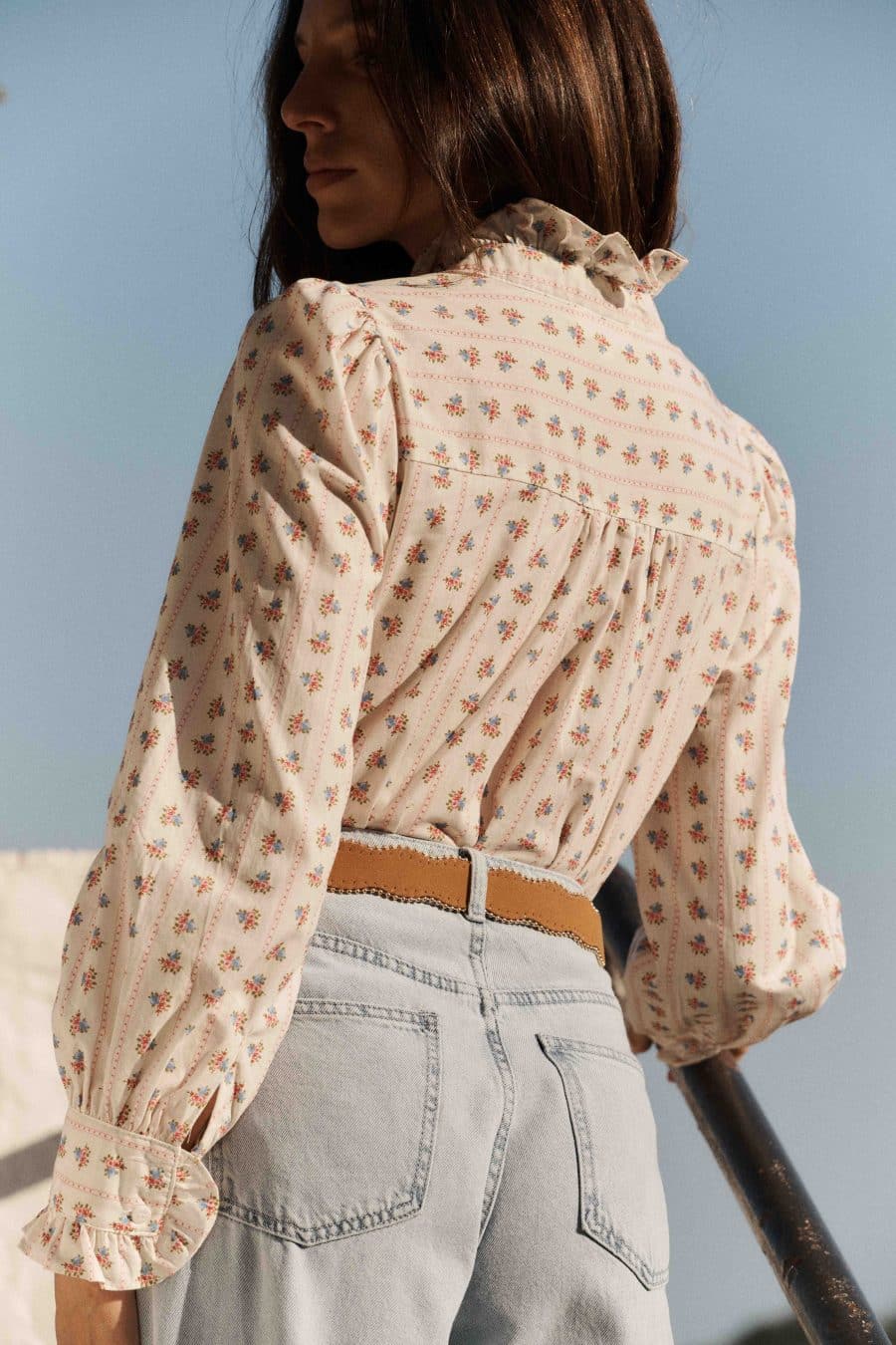 Blouse femme Emilie Sahoma, coupe légère, imprimé fleuri à rayures, manches longues et col jabot