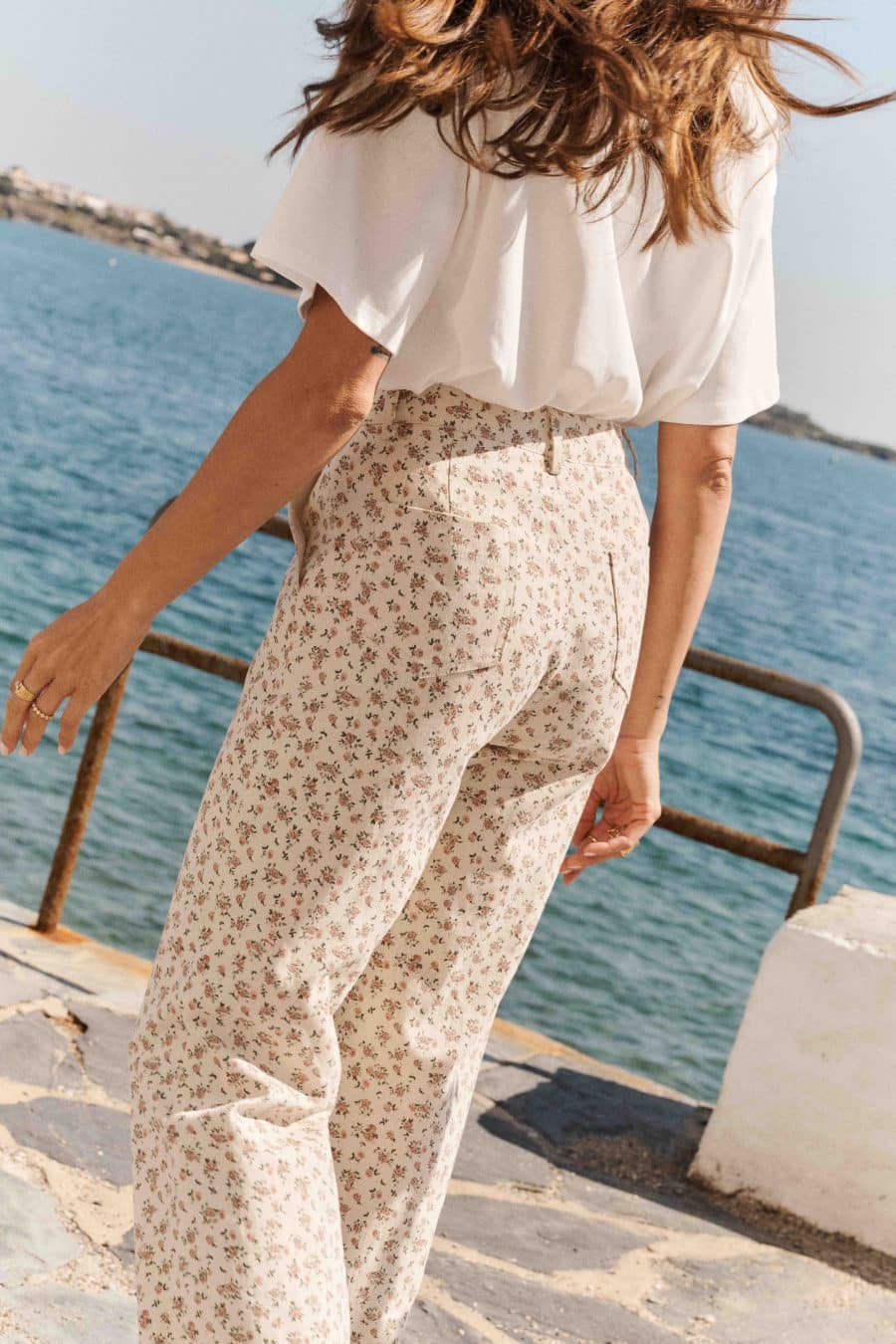 Jean Aelis beige imprimé fleuri taille haute coupe droite légèrement évasé - Sahoma