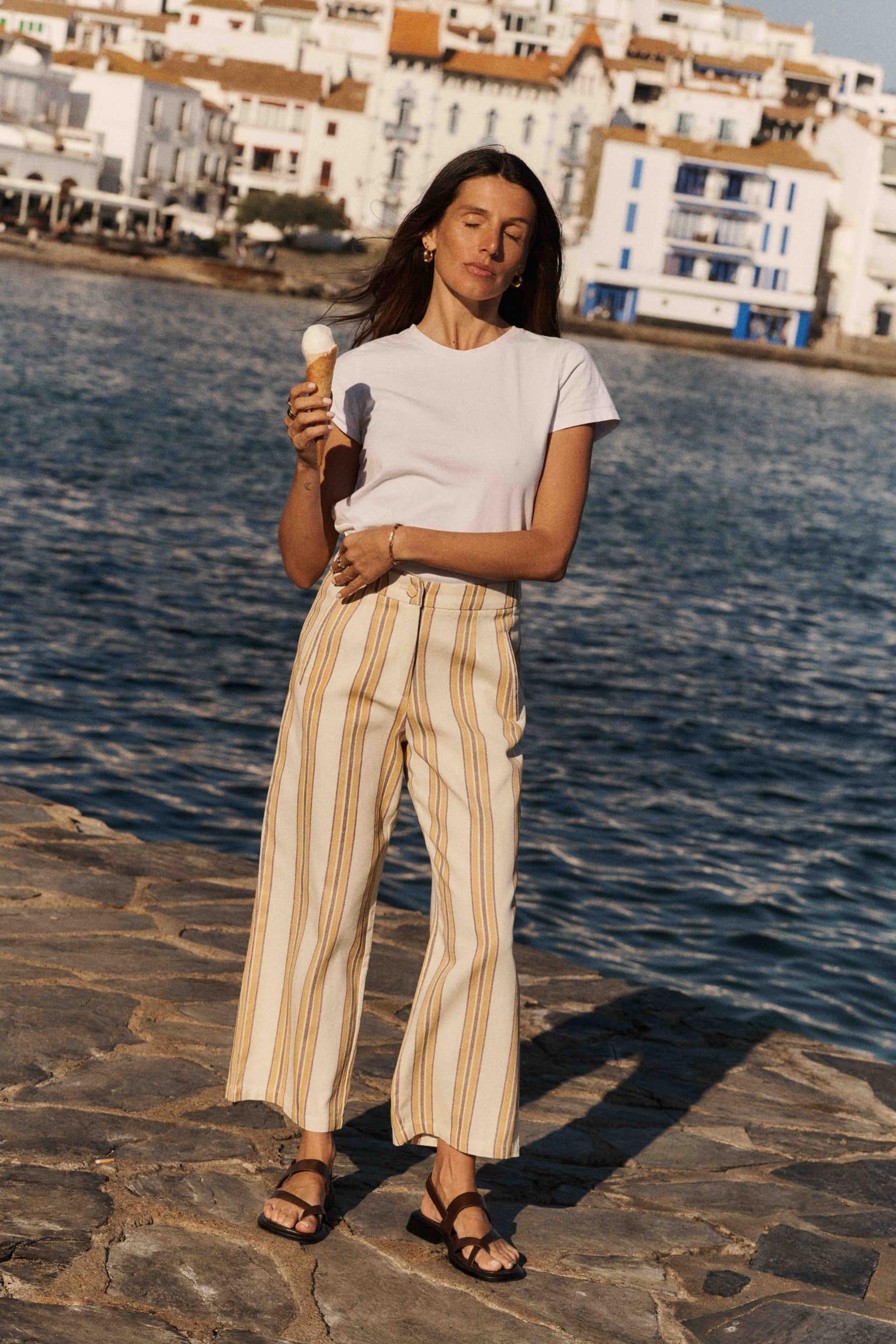 Pantalon 7/8 ème Auralie rayé jaune, taille haute et coupe droite - Sahoma