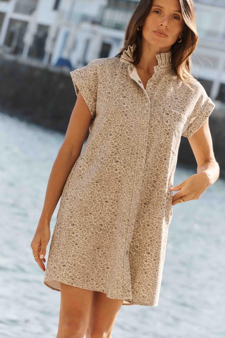 Robe Lana Léopard Sahoma, col montant à volants, coupe droite courte