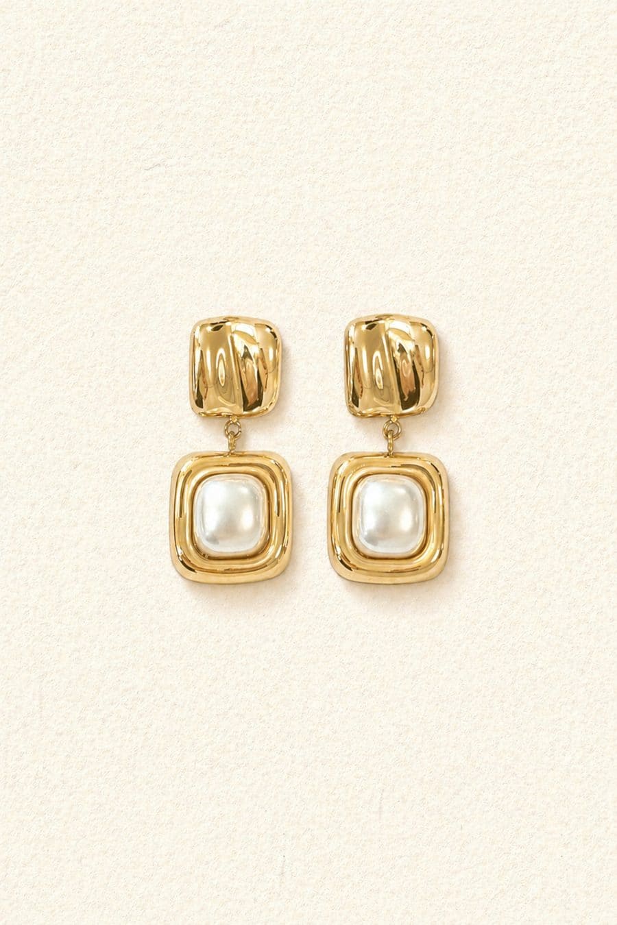 Boucles d'oreilles femme pendantes aux formes rectangulaires ornées de perles effet nacré - style vintage - acier Inoxydable