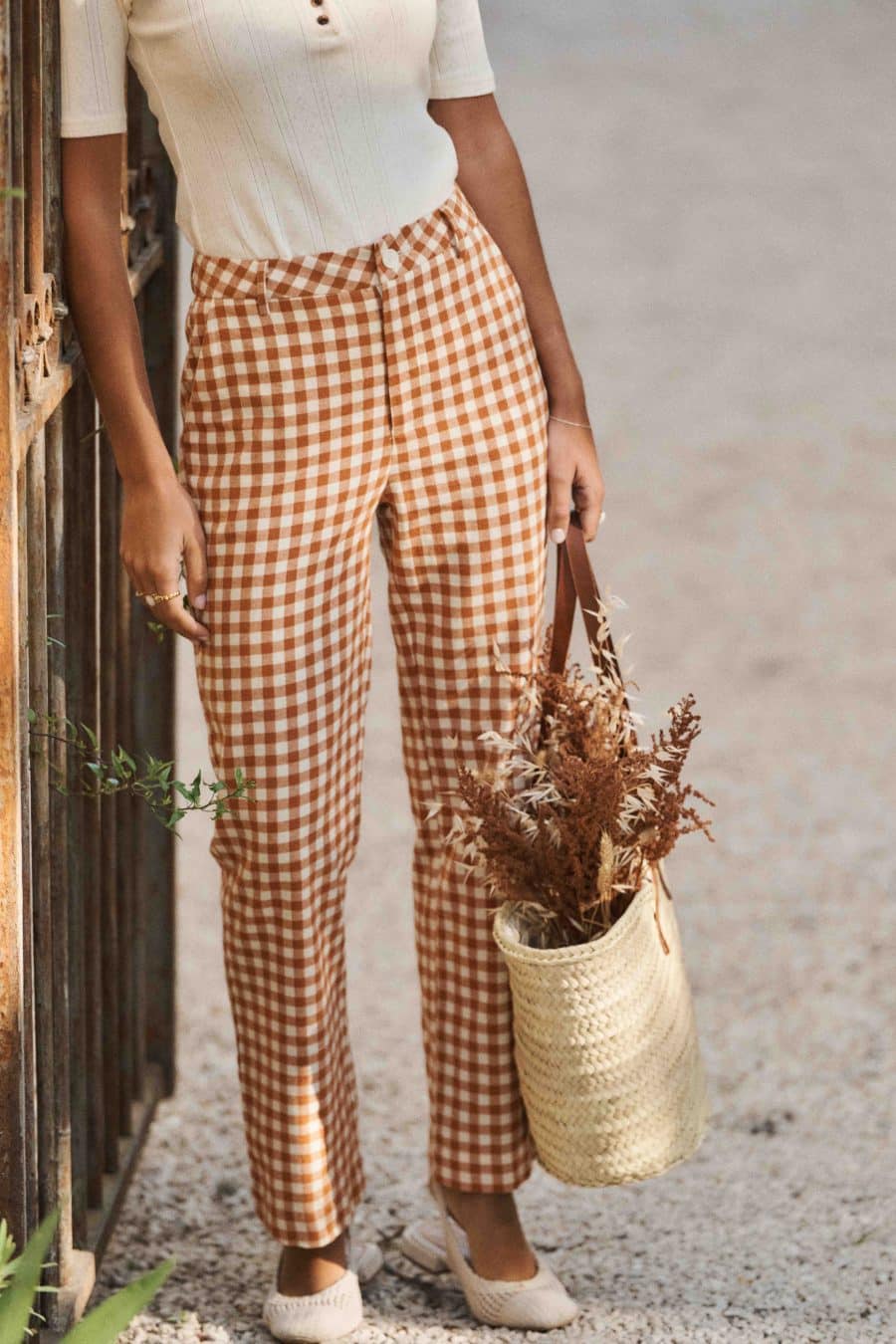 Pantalon femme 7/8 droit vichy terracotta et écru