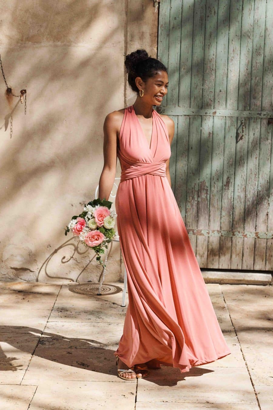 Robe vieux rose longue modulable - dos nu - fluide - été - cérémonie - fabriqué en Italie
