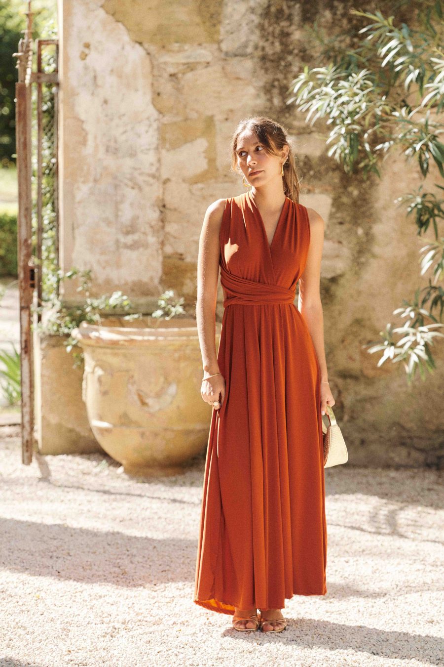 Robe Lilla Sahoma terracotta longue modulable - dos nu - fluide - été - cérémonie - fabriqué en Italie