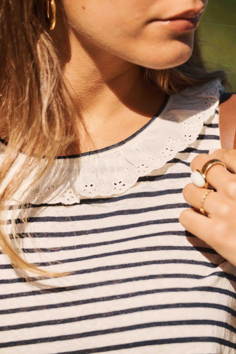 T-shirt femme marinière en coton bleu marinière - col rond à dentelle